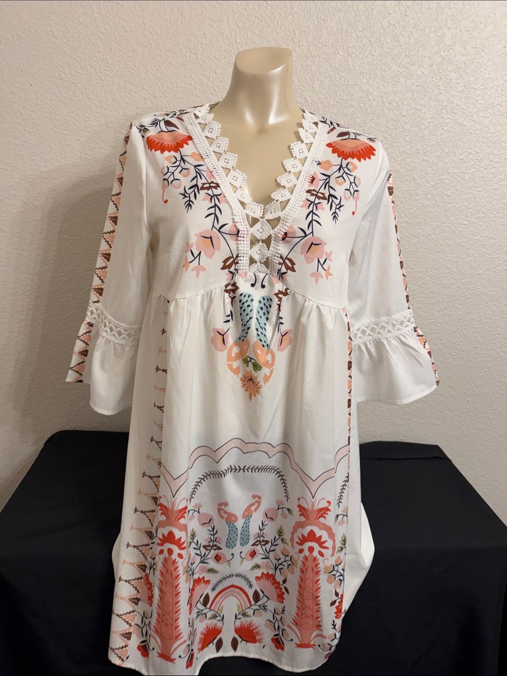 White Embroidered V-Neck Boho Tunic with Coral Floral Accents